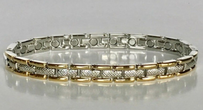 Magnetic Bracelet STAINLESS STEEL Silver n Middle Gold Plated Outside Size 7.5″