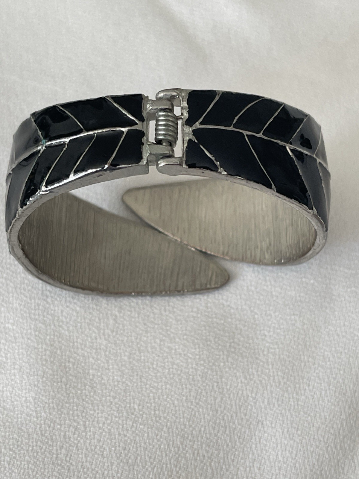 Silver Tone Black Enamel Hinged Cuff Bracelet, Sizable, No Stone