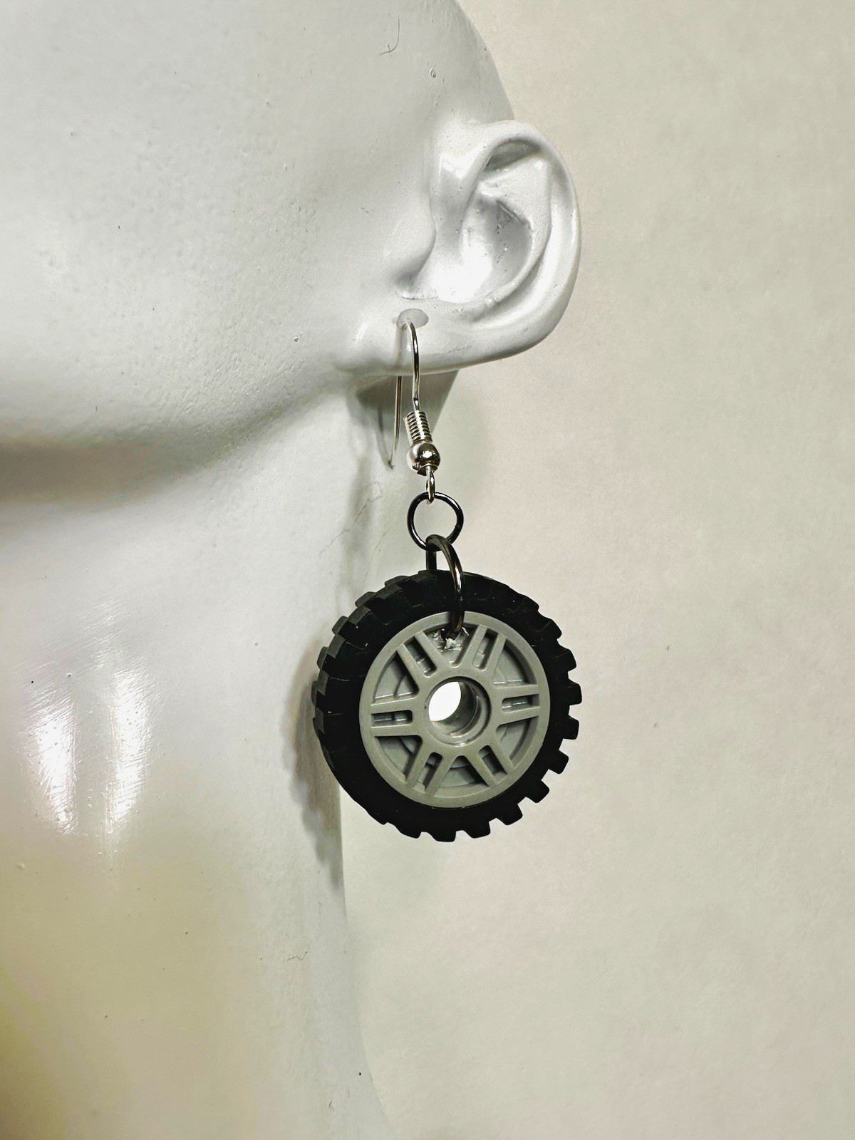 LEGO Black Gray Plastic Tire Wheel Dangle Hook Earrings Round No Stone