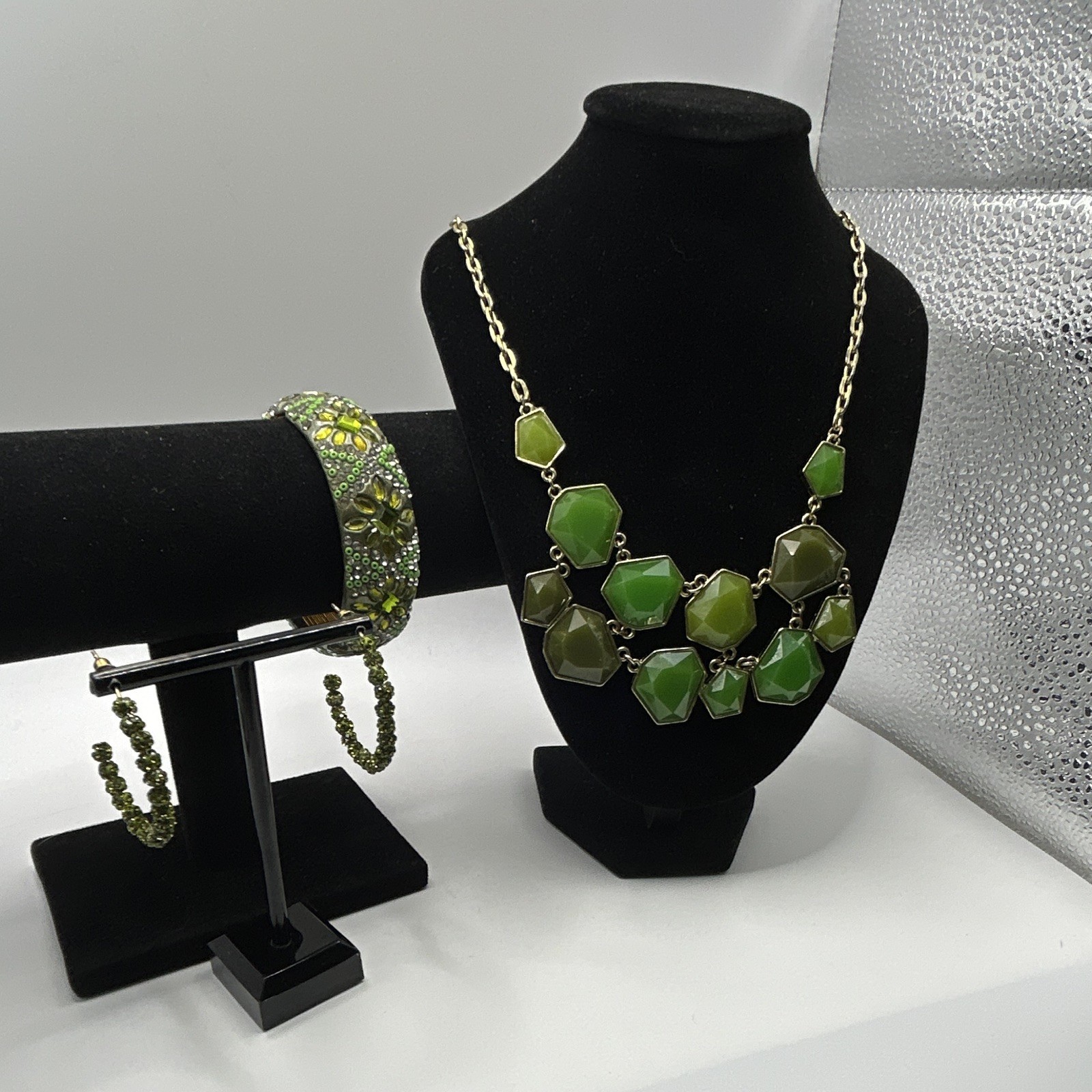 Olive & Lime Green Lot: Geometric Bib Necklace, Beaded Flower Cuff & Earrings