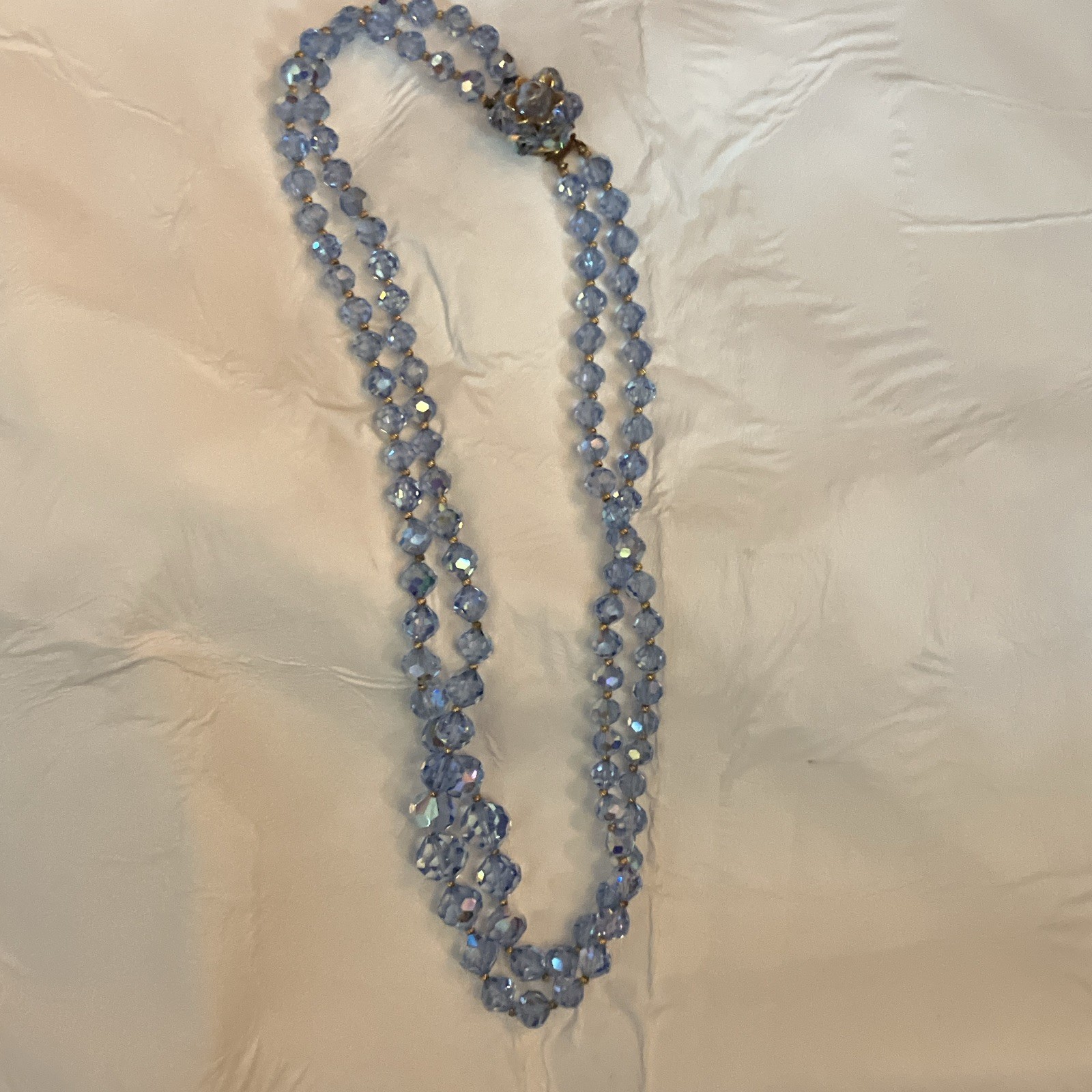 22”Double Strand Faceted Blue Crystal Beaded Necklace w/ Gold-Tone Spacers