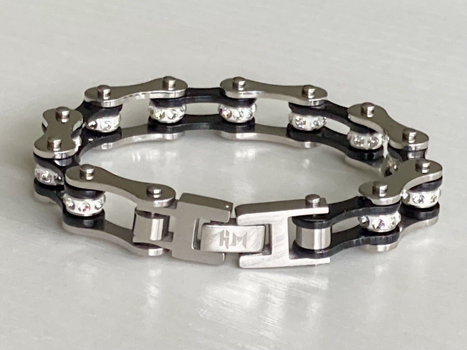 Ladies Motorcycle Biker Stainless Steel Bracelet 7.25in Black Clear Crystals 42g