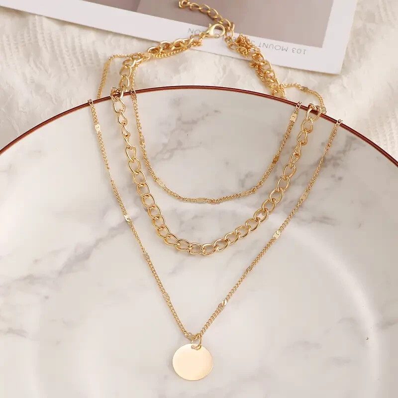 Gold Women 3 Three Layered Choker Pendnat Necklace Fashion Jewelry – Party