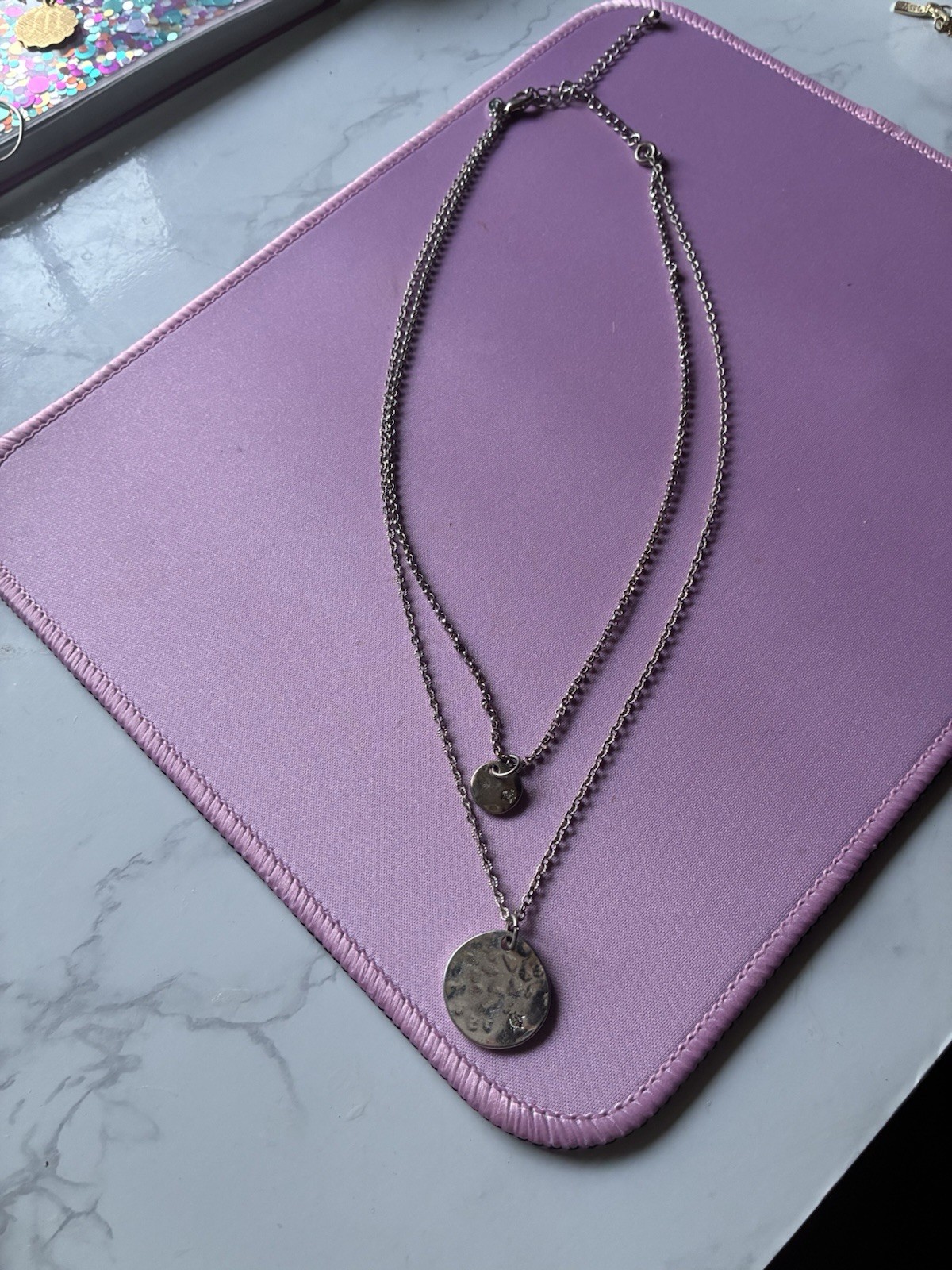 Silver-Tone Layered Double Cable Chain Necklace Round Disc Charms Signed