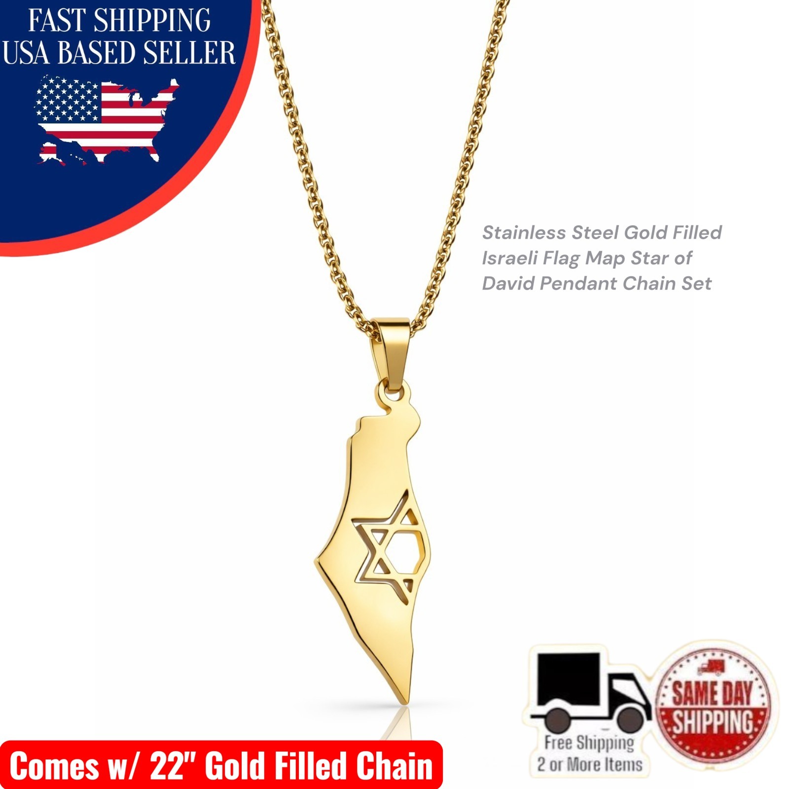 Israel Map Chain Star of David Pendant Gold Filled Stainless Steel Jewish Gift
