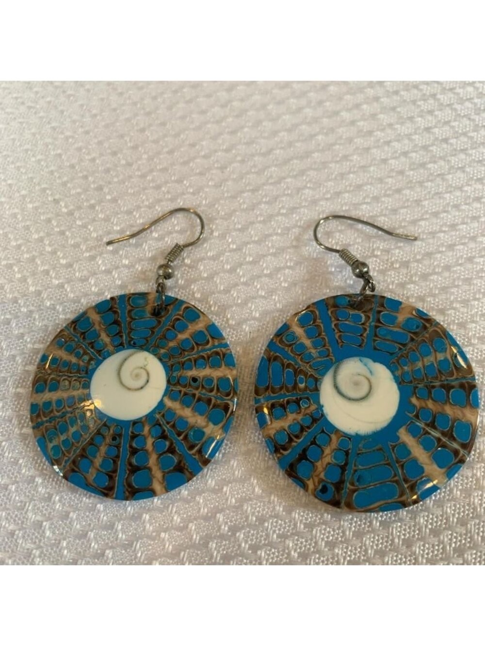 Glossy Shiva Eye Shell with Radial Blue and Brown Mosaic Design Dangle Earrings