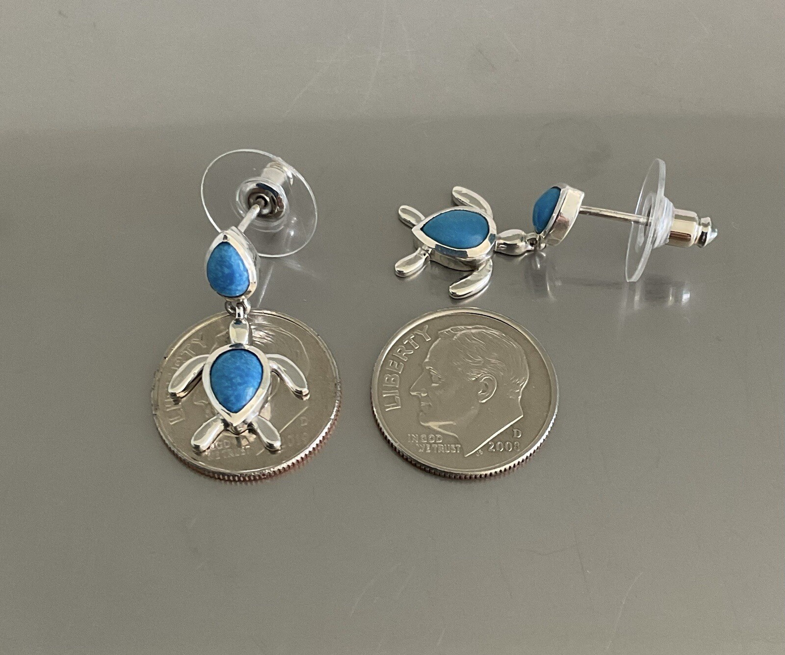 Adorable Natural Ceruleite Turtle Dangle Earrings 2.15 CTW 925 Sterling Silver