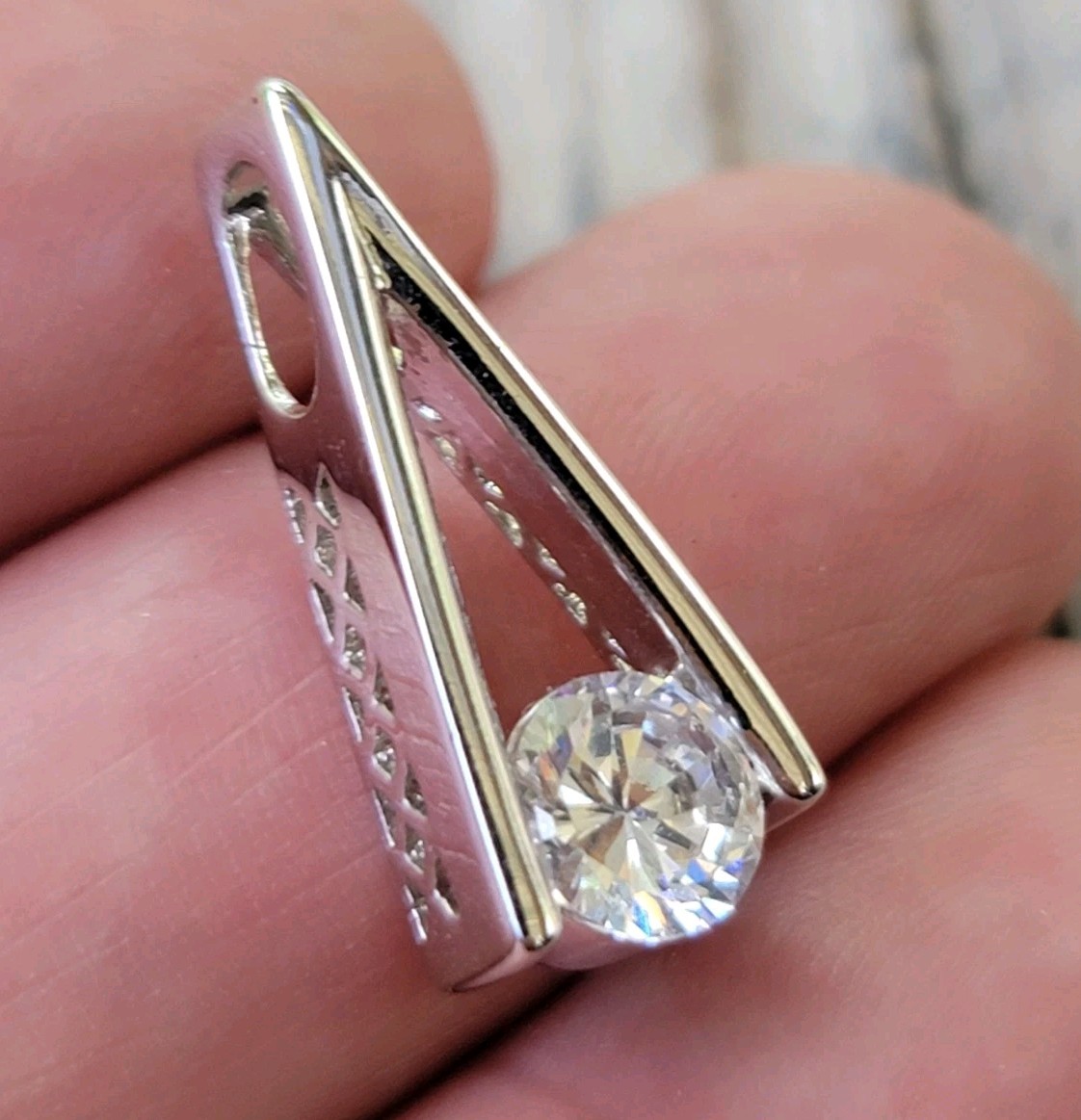 Sterling Silver Tension Set Solitaire CZ Pendant Slick Elegant Wishbone Design