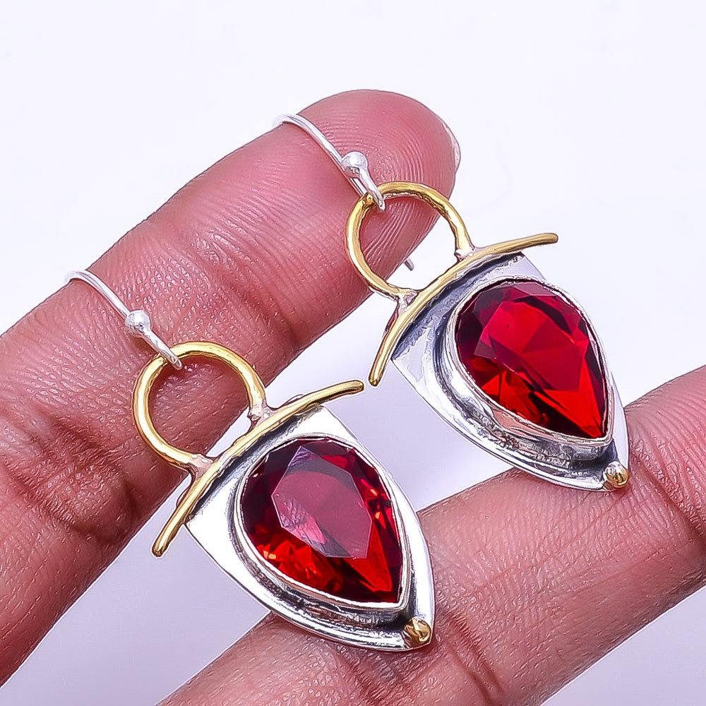 Red Garnet 925 Sterling Silver Two Tone Earring 1.76″ E103, Christmas Gift