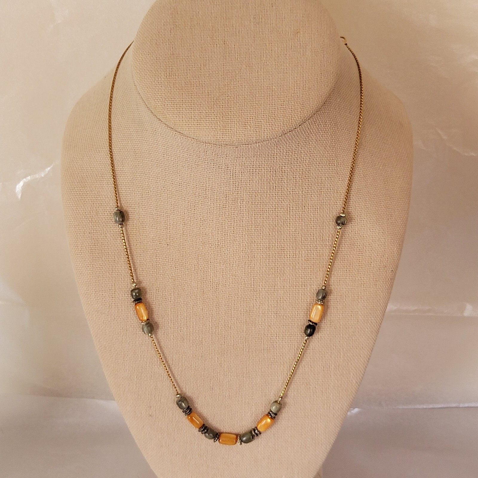 Liz Claiborne Amber Beaded Gold Tone Necklace 19 In. Adj. Signed