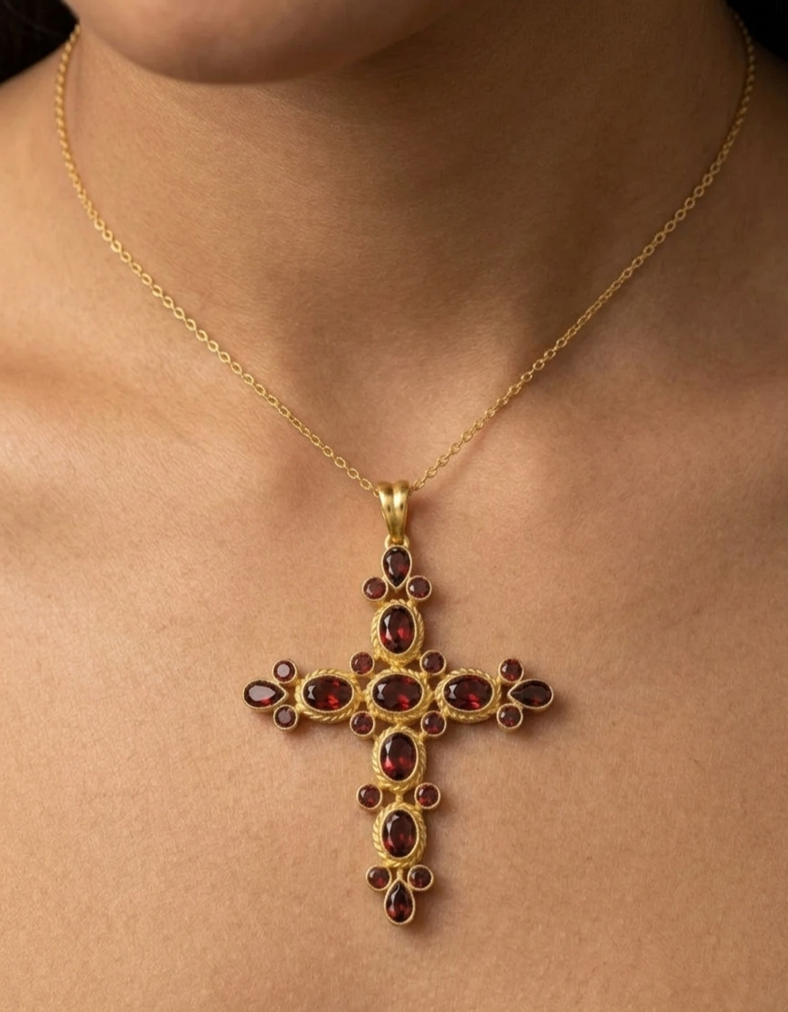 Brass Red Garnet Cross Pendant Gold Color Vintage Style Christian Jewelry Gift.