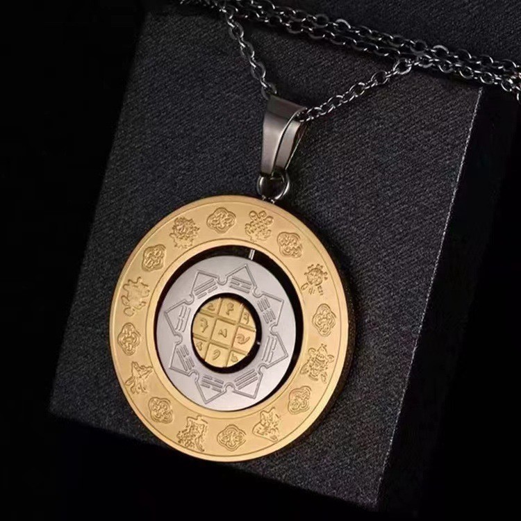 Rotatable Chinese Zodiac Sign Manjushri Pendant Stainless Steel Men’s Necklace