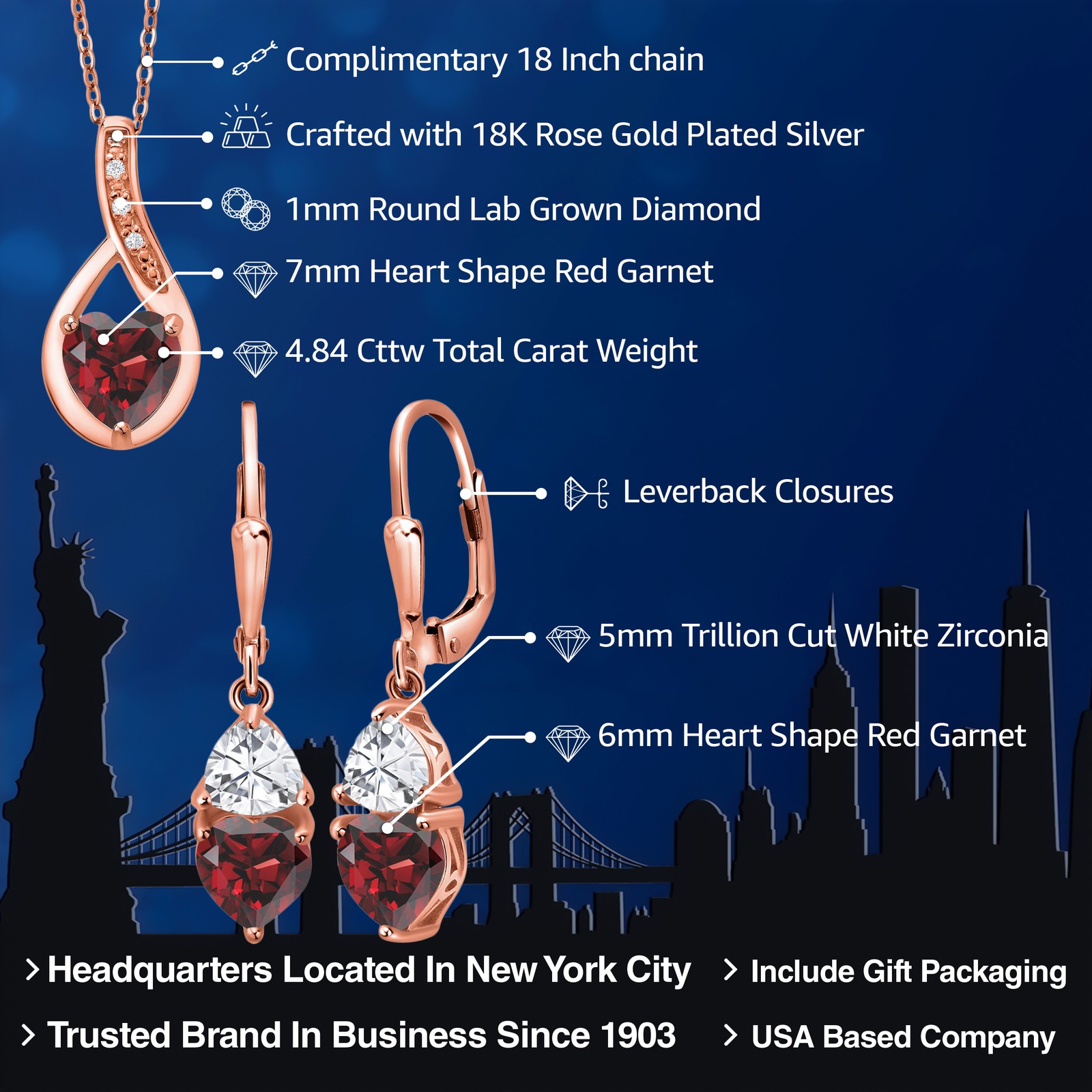 18K Rose Gold Plated Silver Garnet Pendant Earrings Set For Women (4.84 Cttw,