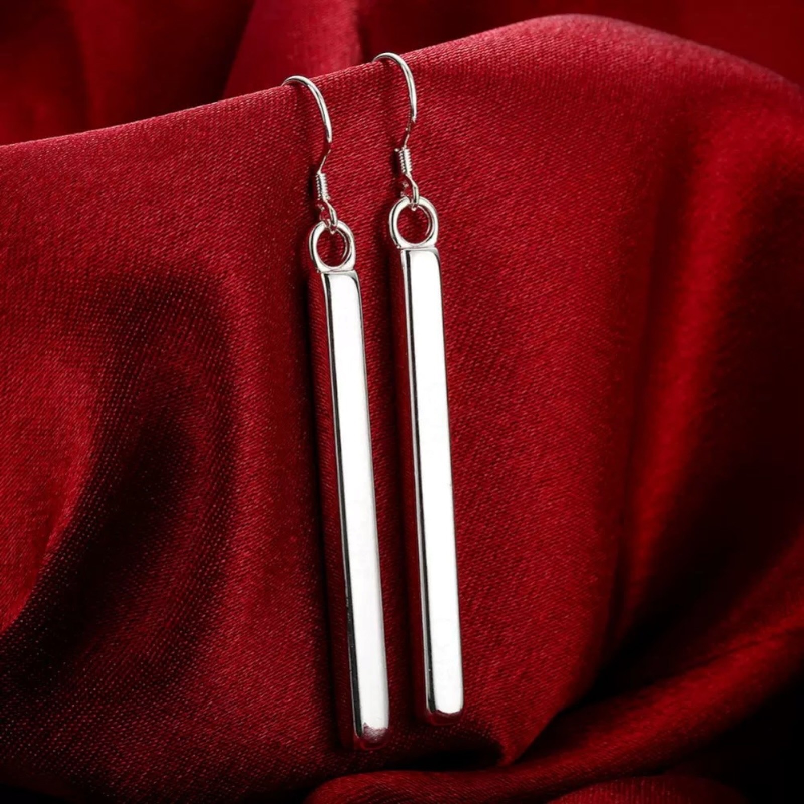 Women 925 Sterling Silver plated Vertical Solid Bar Drop Dangle Hook Earring B76