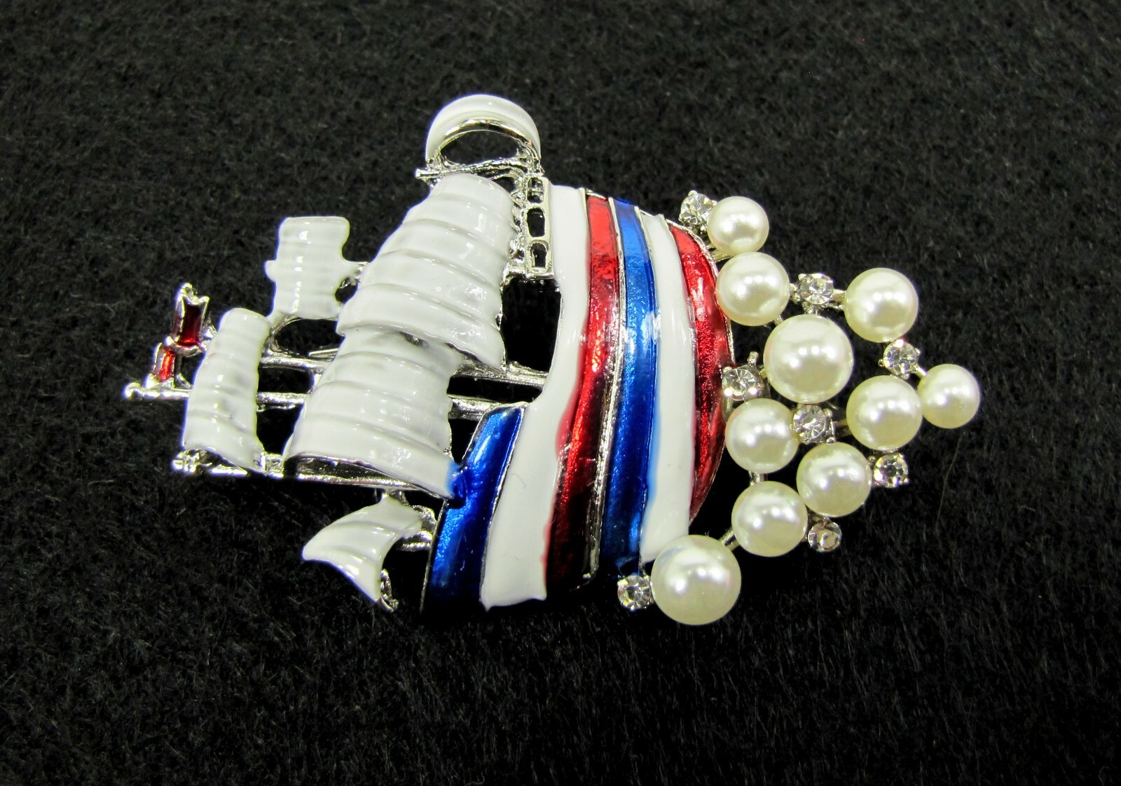 Red, White, and Blue Sail Boat Pin Brooch with Pearls & Crystals USA fashion pin