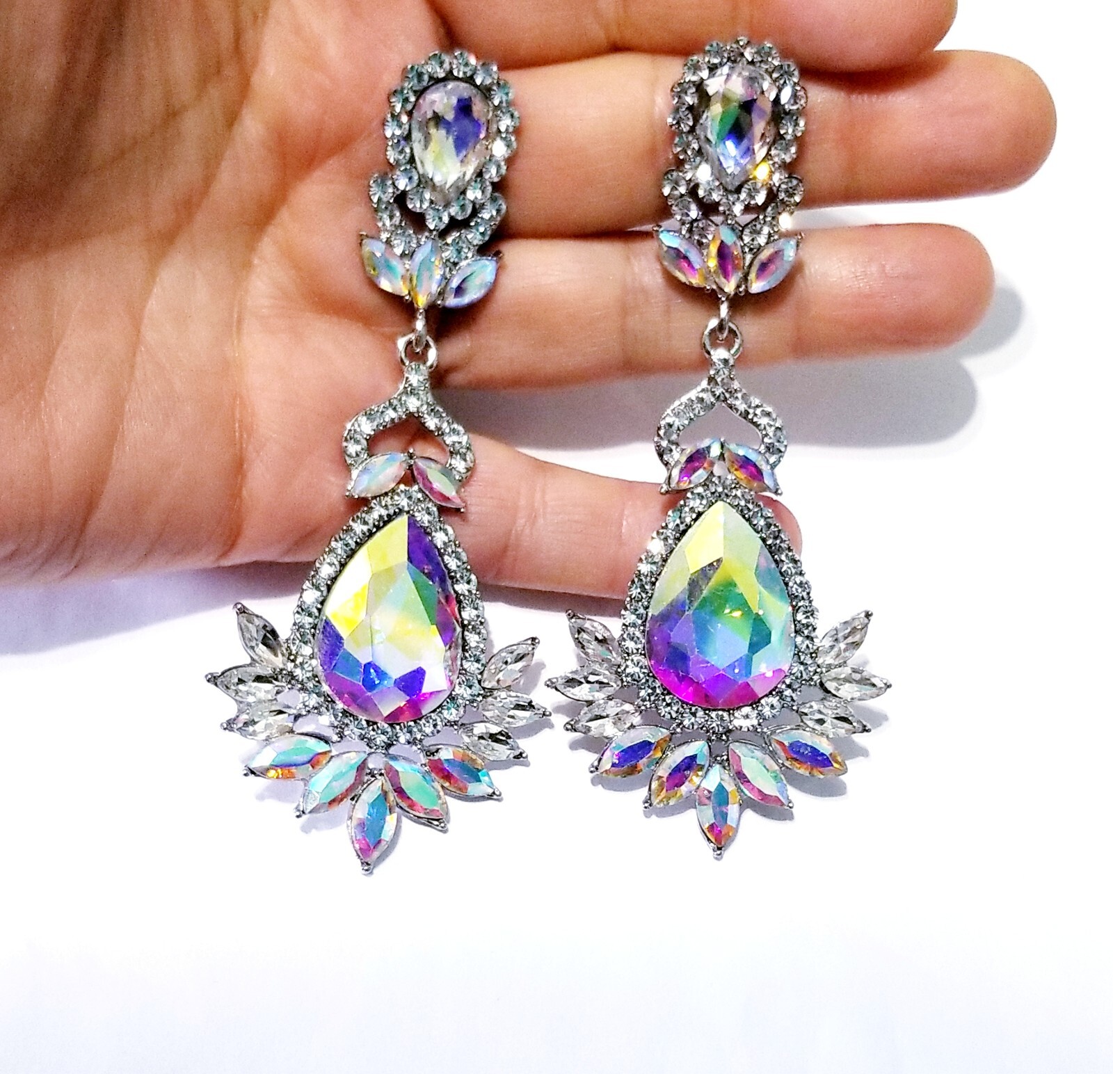 AB Drop Dangle Chandelier Rhinestone Crystal Pageant Bridal Earrings 3.9 Inch