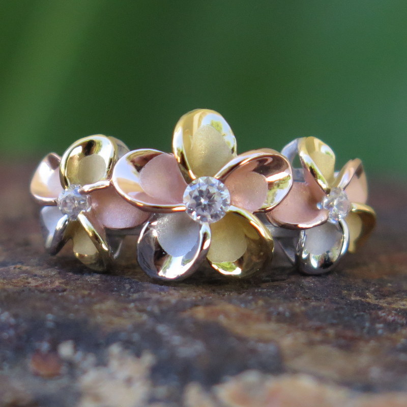925K Silver Tri-color Gold Plumeria Flower CZ Wedding Ring Band 10mm #SR6078