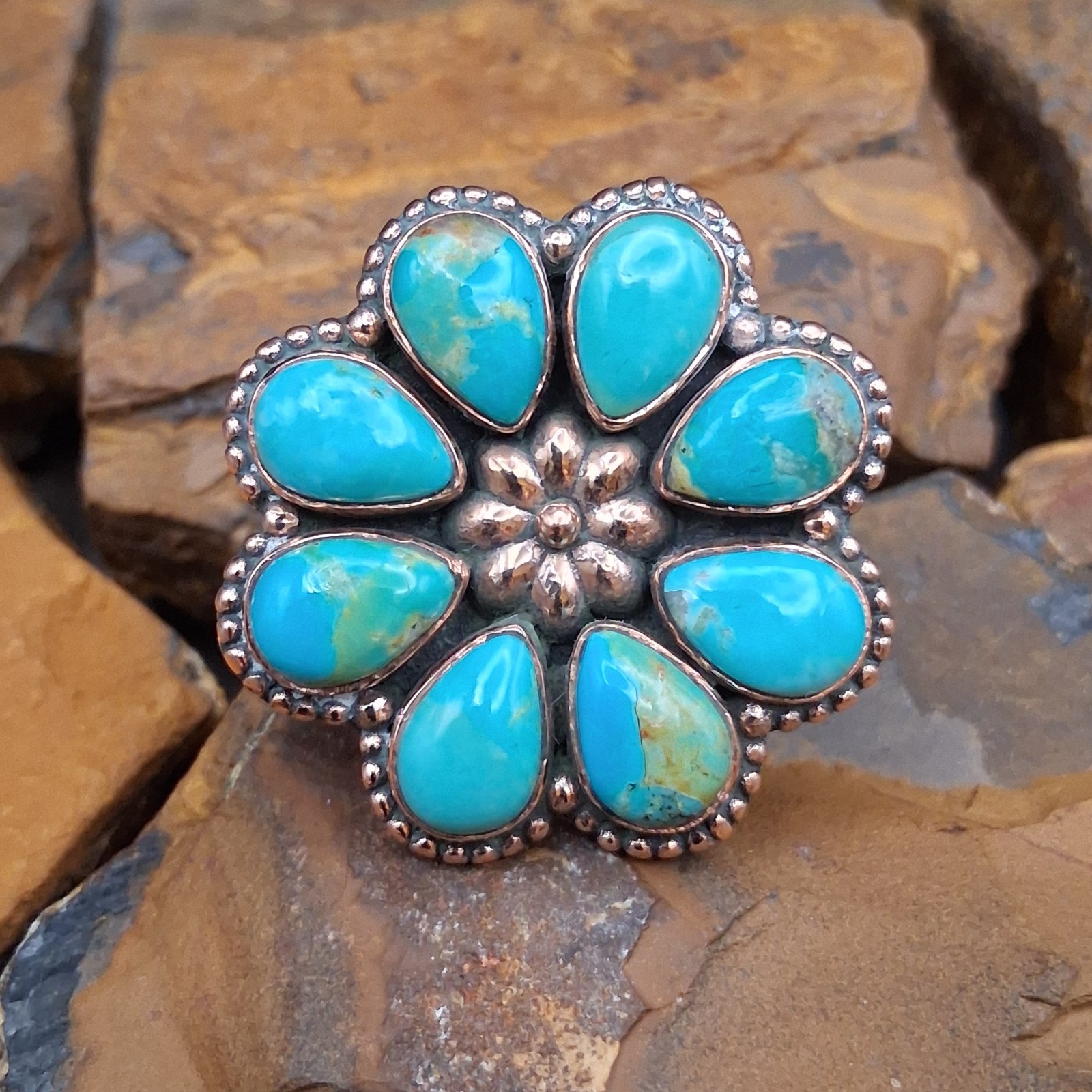 Kingman Turquoise Ring Flower Cluster Ring Solid Copper Southwestern Sz 5.5-10.5
