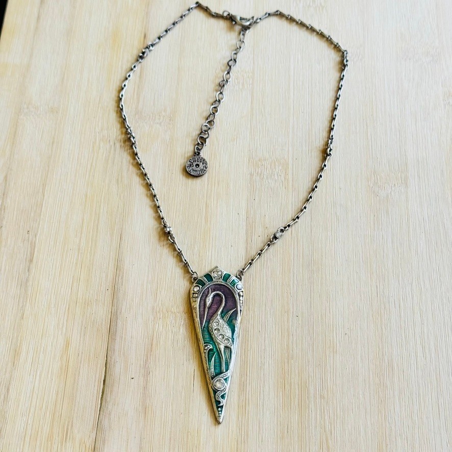 Sweet Romance USA Enamel Egret Art Nouveau Necklace Silver Enamel Rhinestone 22″