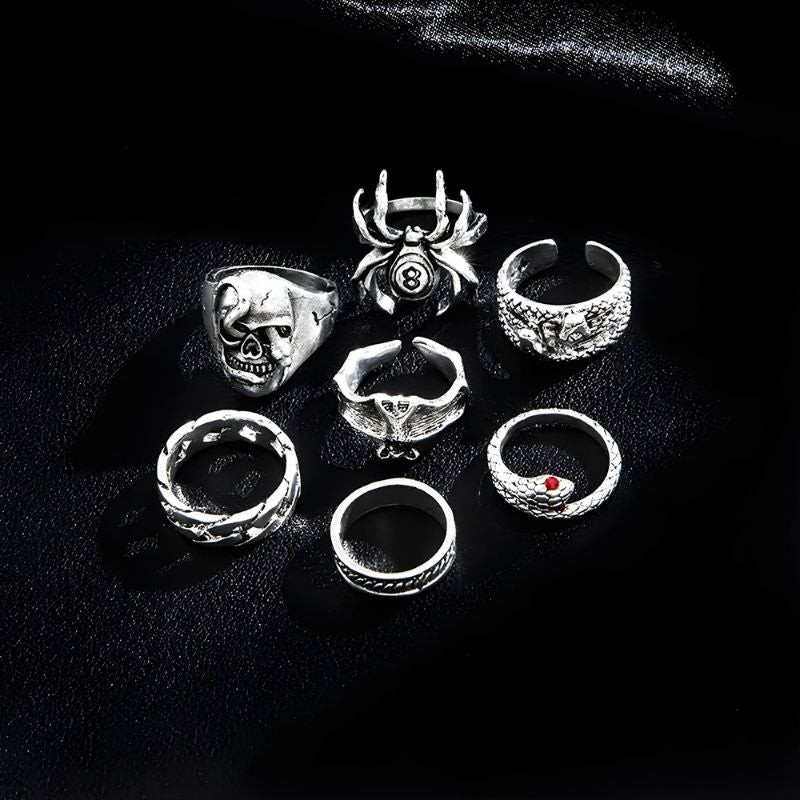 Men’s Silver Ring Set (7 Pieces) Gothic Rave Punk Silver Ring Set Y2K