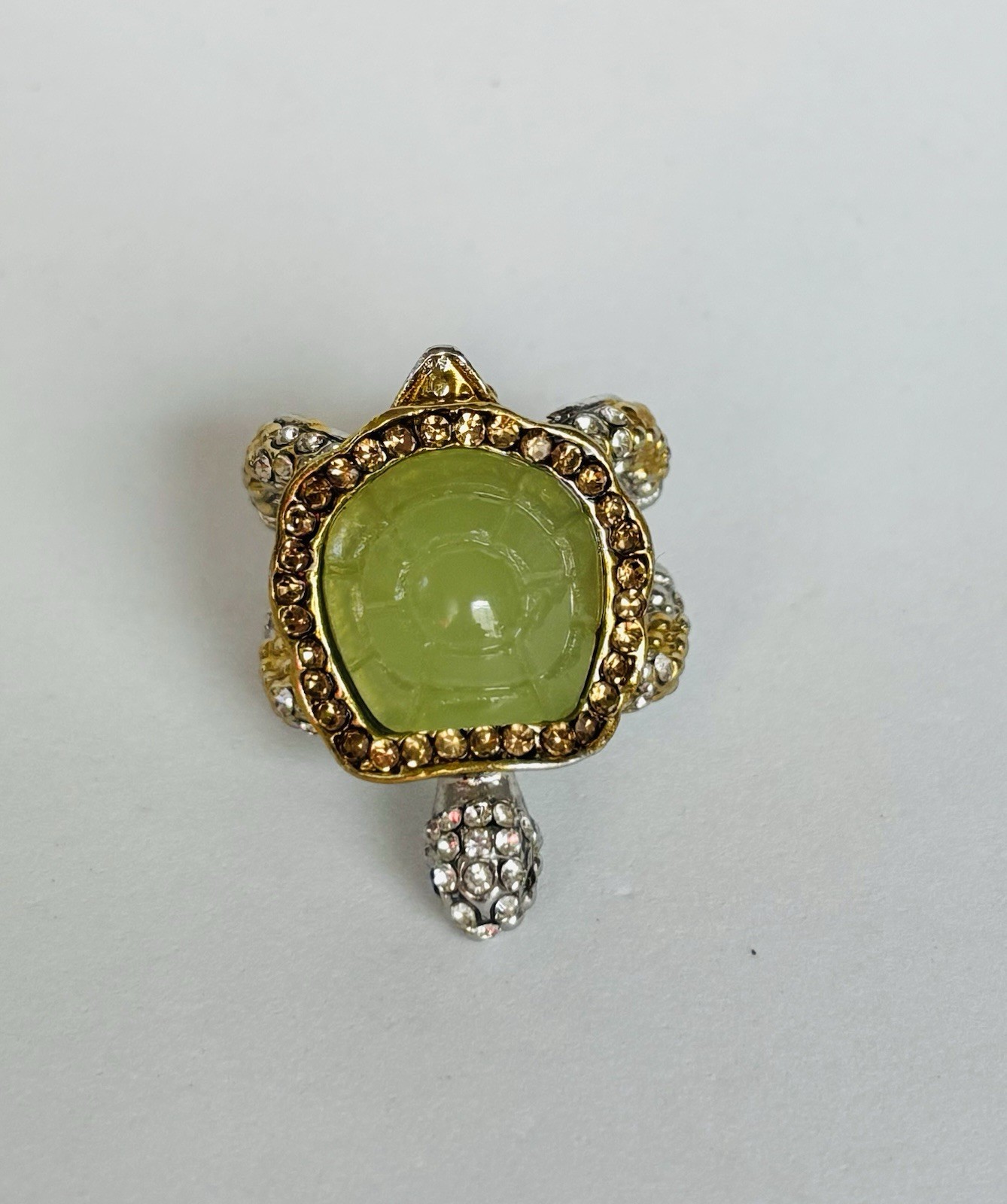 Textured Turtle Ring Two Tone Metal Inlaid Green Stone & rhinestones