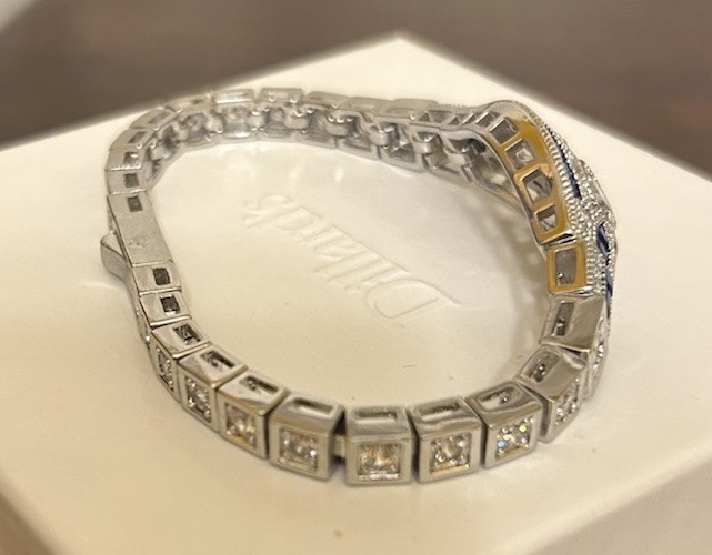 Silver Sapphire Blue CZ & Diamond CZ Art Deco Art Nouveau Inspired Bracelet NWT