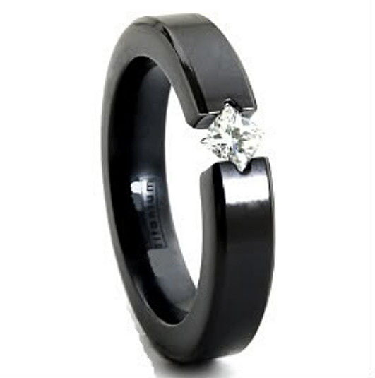Black Plated TITANIUM Tension RING with 4mm Square CZ in Unique Setting, size 8