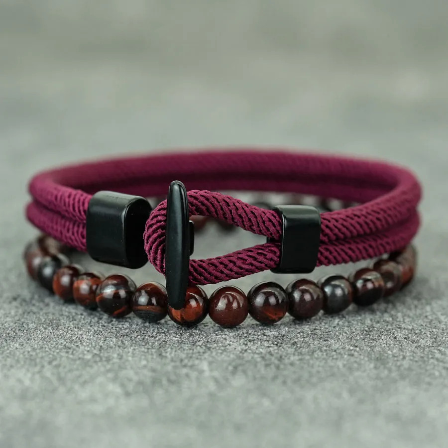 2Pcs Beads Rope Bracelet Set Men Tiger Eyes Malachite Stone Handmade Jewelry