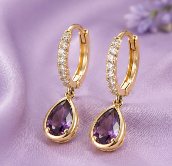 2Ct Pear Cut Simulated Amethyst Engagement Hoop Earrings 14K Yellow Gold Plated