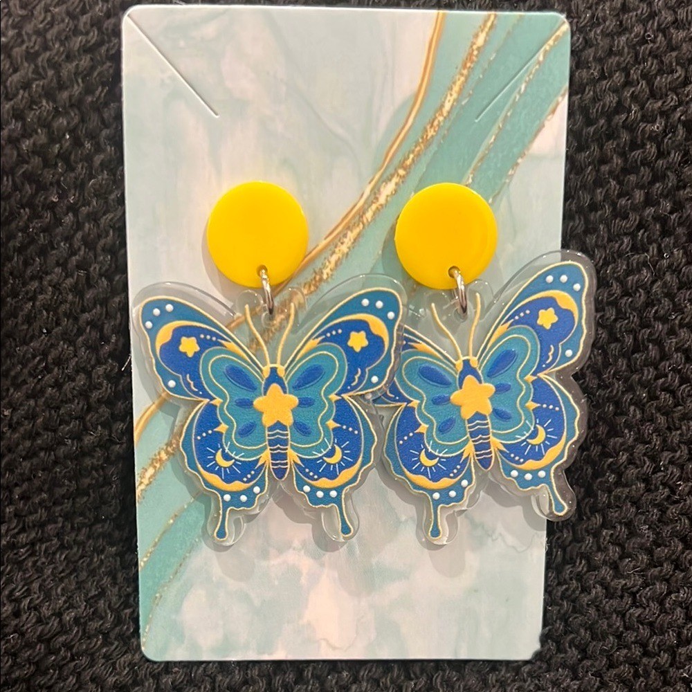 Blue Yellow Butterfly Celestial Acrylic Drop Dangle Earrings Moon Star Studs