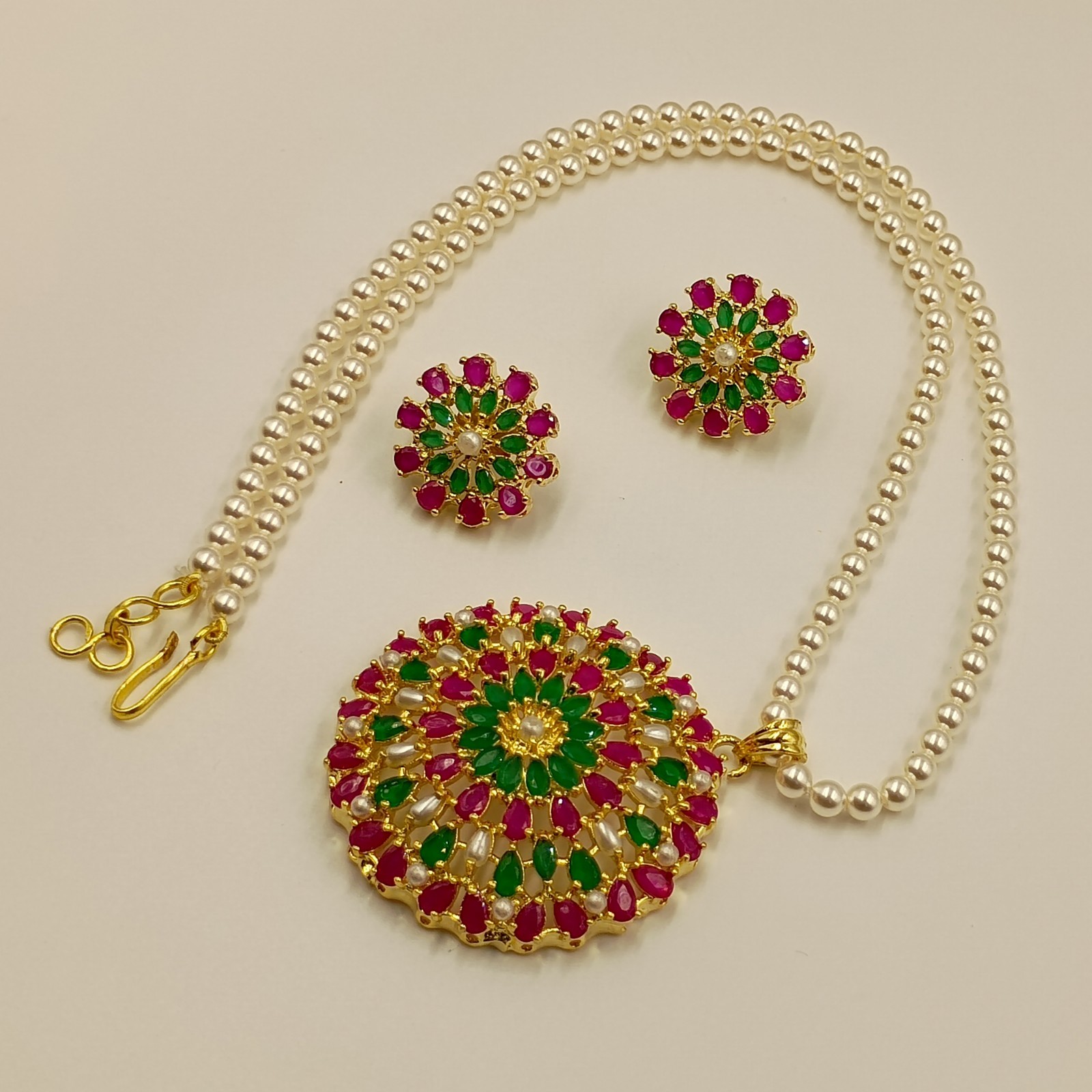 Ruby Emerald & Pearl Pendant Set 22k Gold Plated Traditional Indian Jewelry Gift
