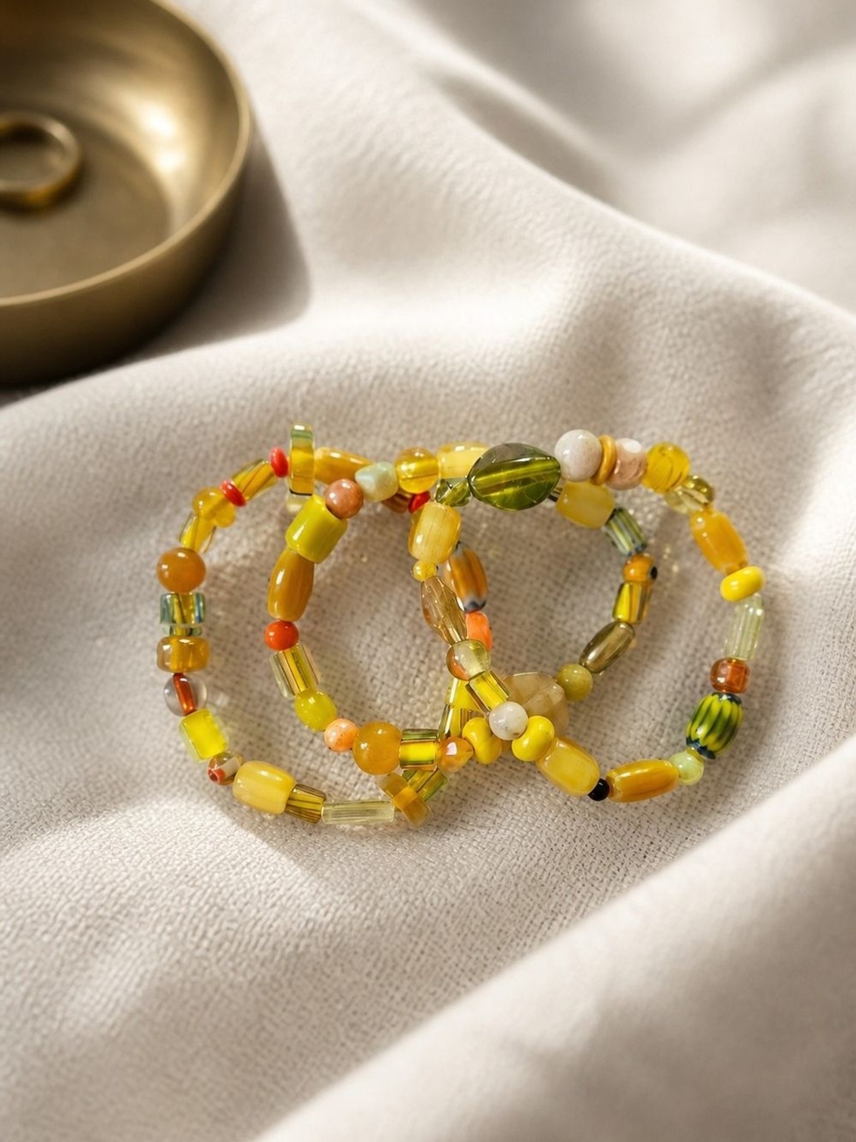 Handmade Yellow And Green Glass Bead Bracelet 3 Piece Stack – Women Jewelry
