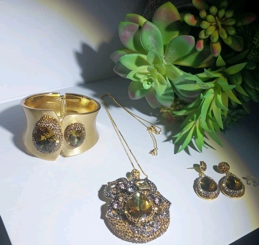 Amber Crystal Necklace, Bracelet & Earrings Set Gold Plated Turkish.