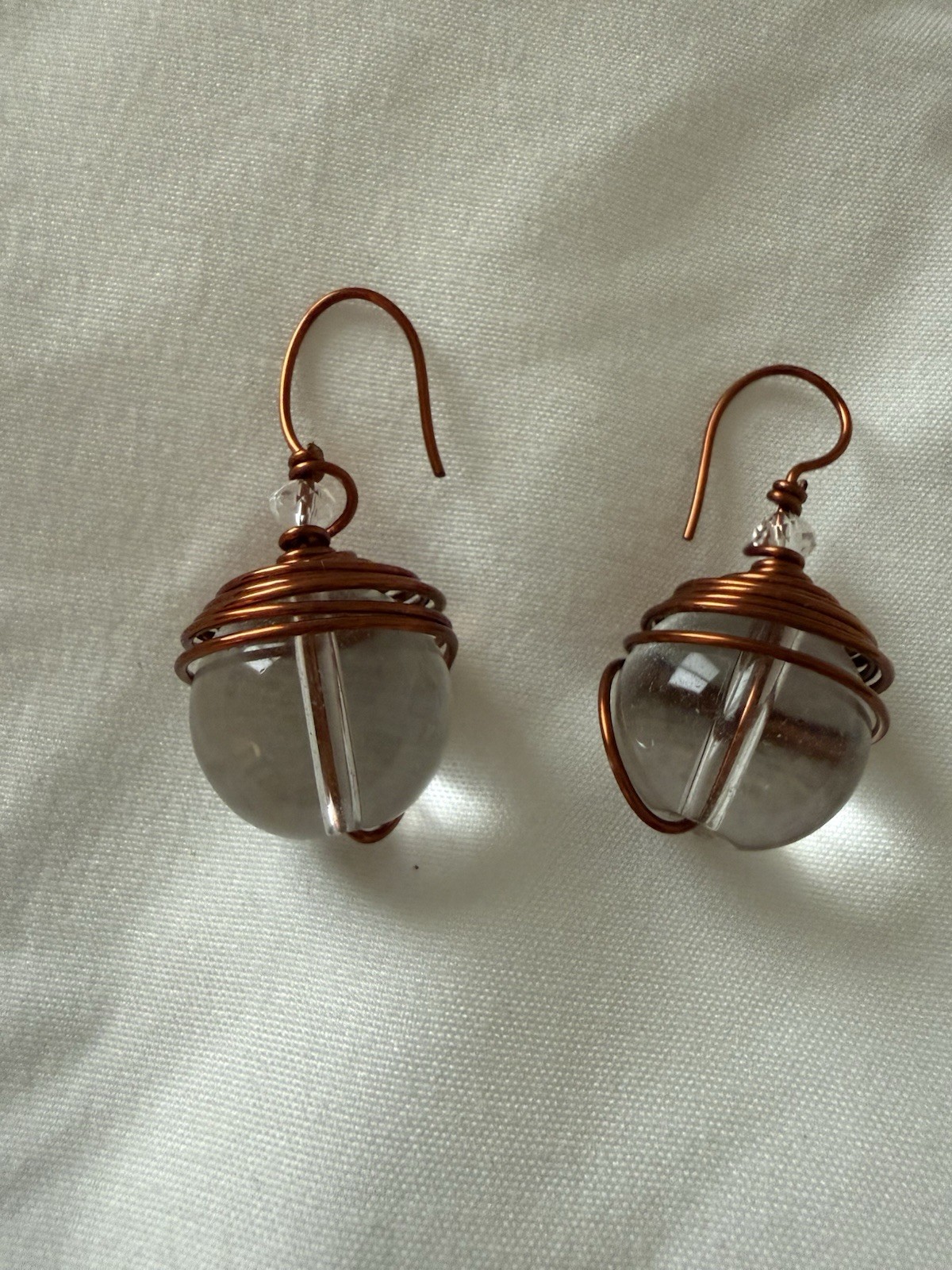 Copper Wire Wrapped Clear Acrylic Ball Bead Drop Earrings