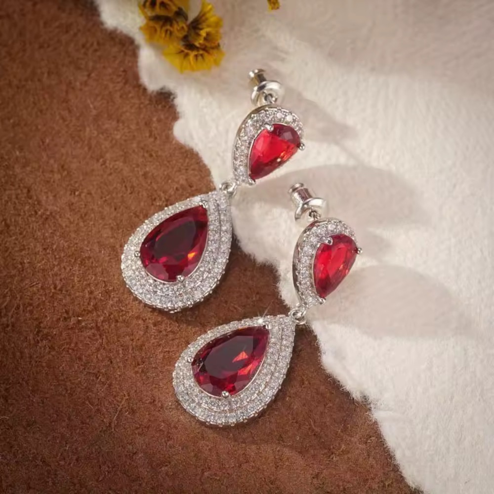 AAA Cubic Zirconia Luxury Red Drop Sparkling Hanging Earrings Wedding Jewelry