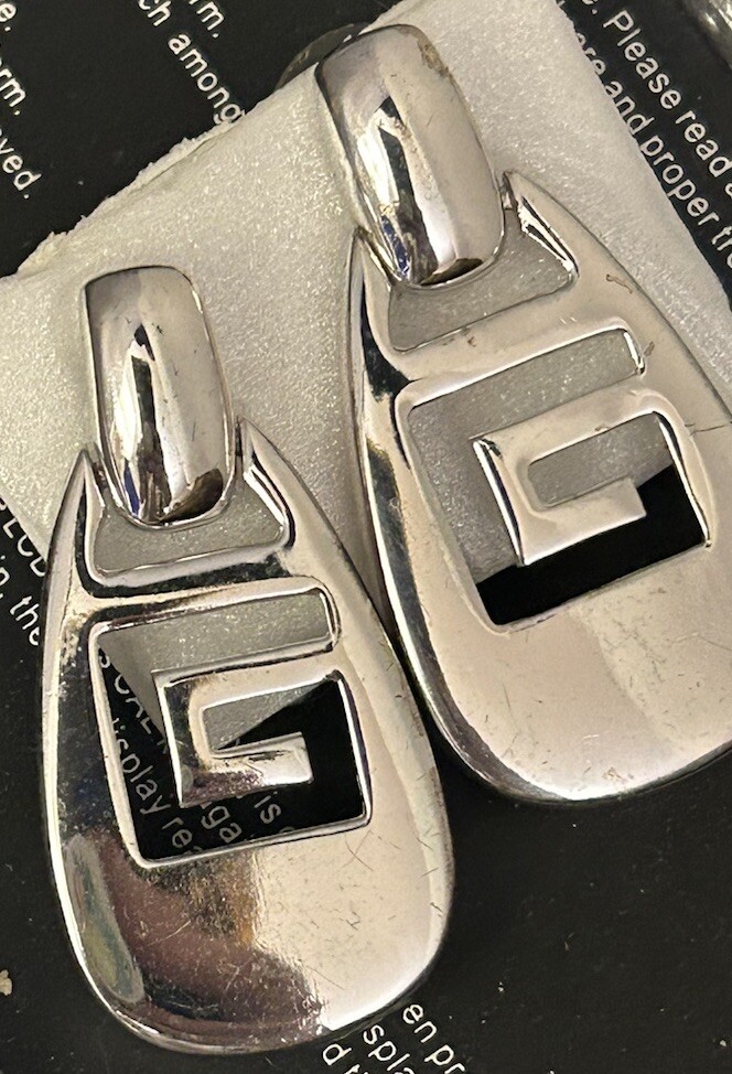 Vintage Givenchy Logo G Earrings Drop Dangle Pierced Silver Plated 2 “ Long