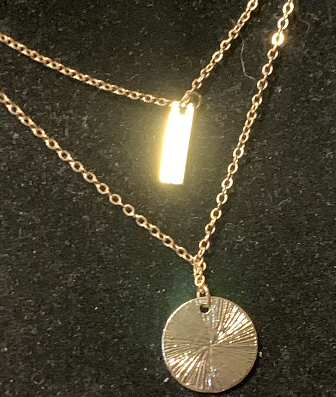 Gold Tone Disc And Rectangle With Chain Lobster Clasp Long Textured