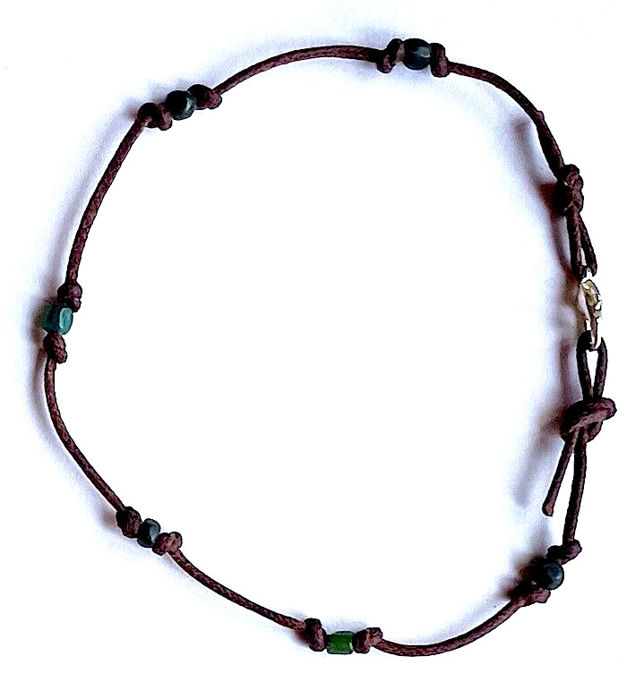Anklet, Tradewind Glass Beads, 9.5 Inches, Knotted Waxed Cotton Cord