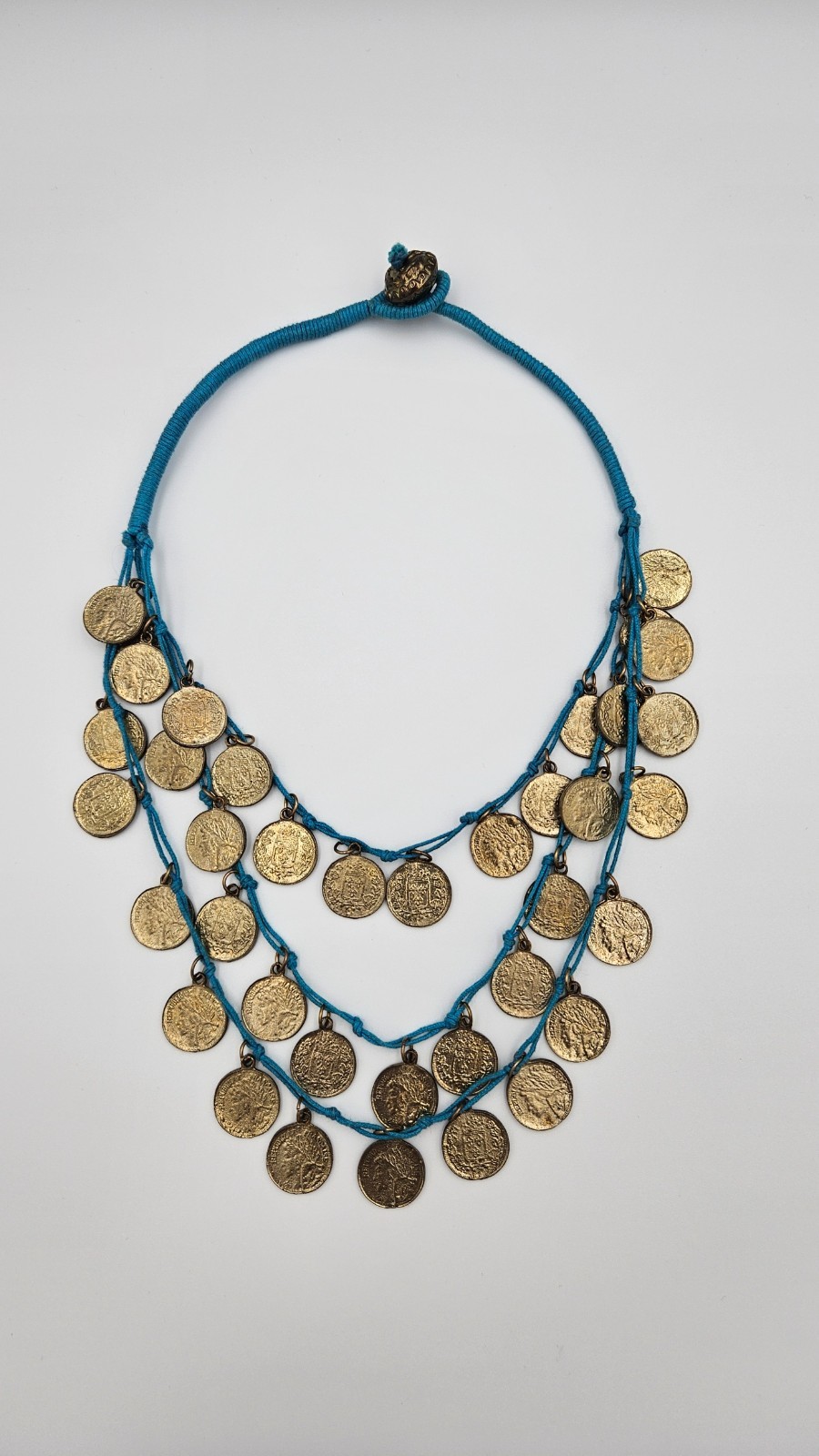 Nordstrom Boho Coin Bib Necklace Turquoise Blue Cord Antique Gold Tiered Gypsy