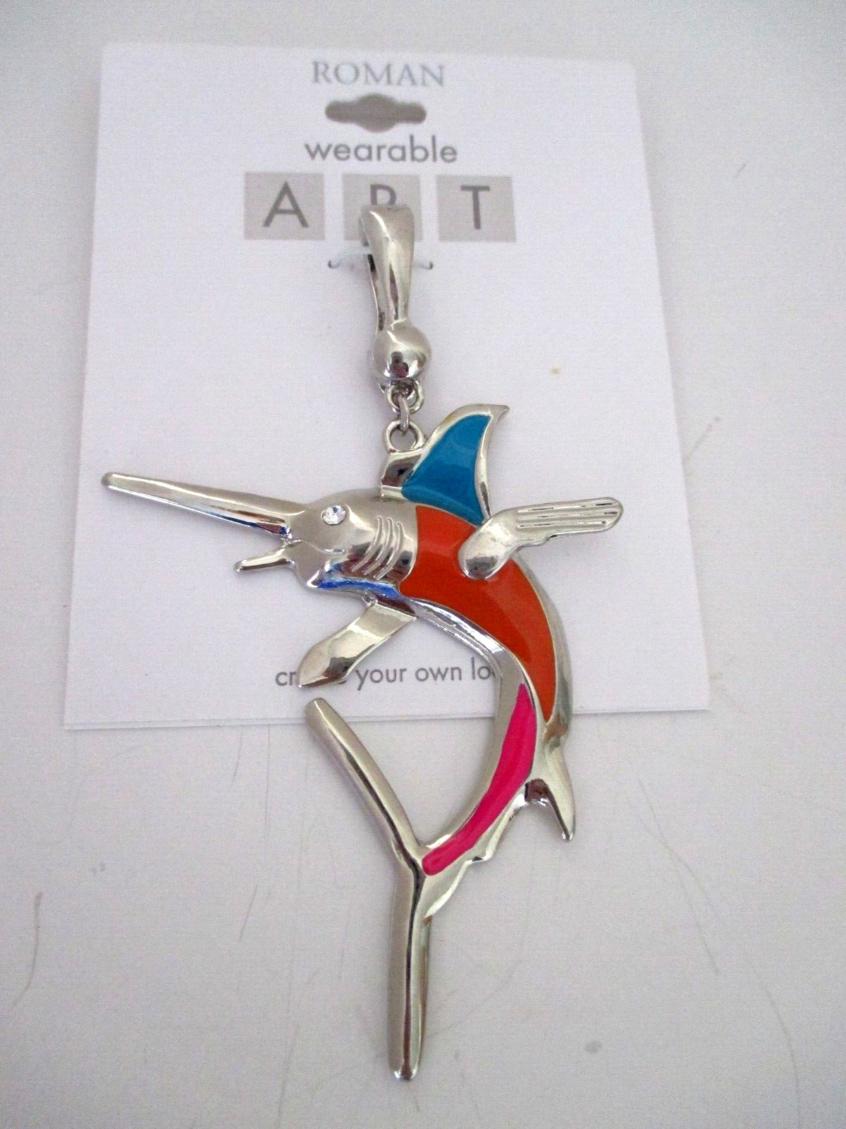 Roman Wearable Art Swordfish Pendant Enamel Color Block Body w/ Rhinestone Eye