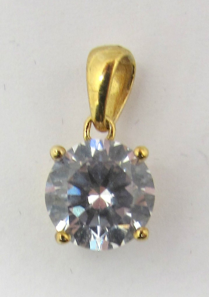 GOLD OVER 925 STERLING SILVER CUBIC ZIRCONIA ROUND SOLITAIRE PENDANT 14X7MM~1.3G