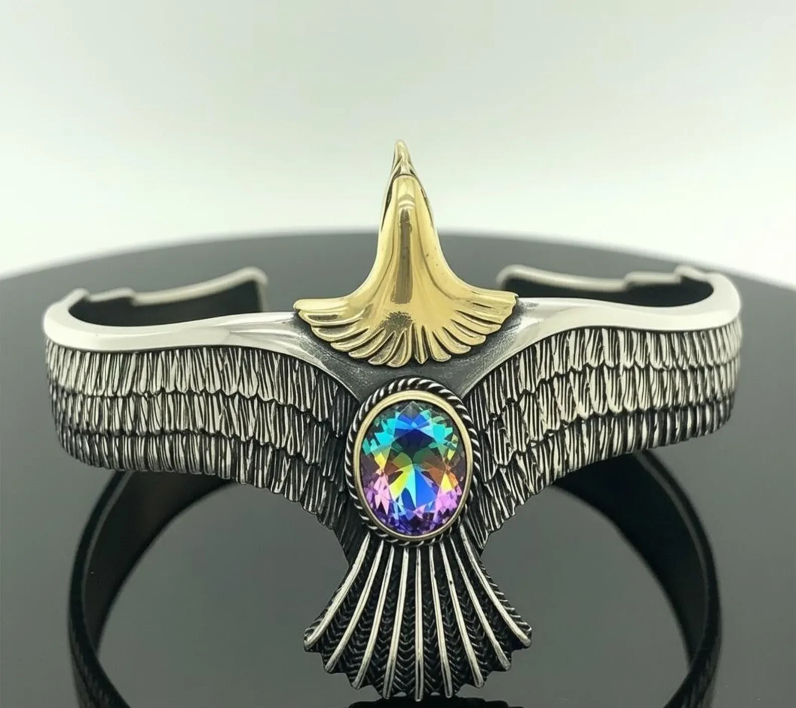 925 sterling Mystic Topaz Sterling Silver Bangle Handmade Open Cuff Eagle Design