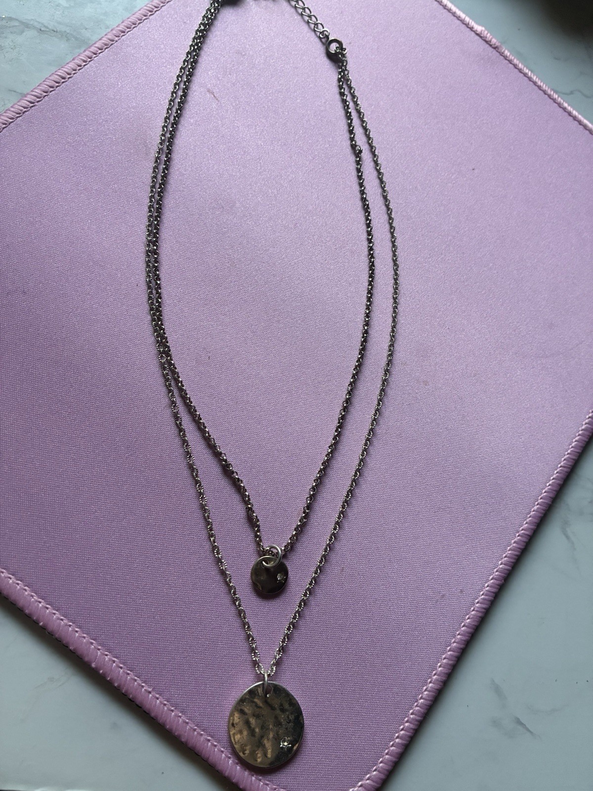 Silver-Tone Layered Double Cable Chain Necklace Round Disc Charms Signed