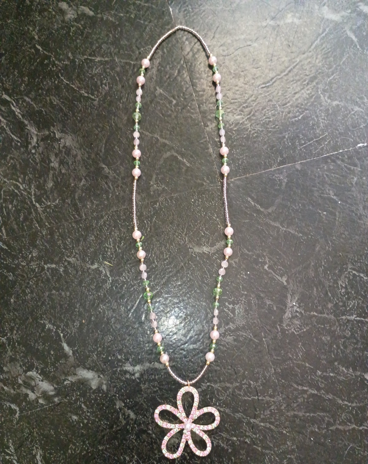 Beaded Ball Chain Necklace w/ Pink Green Rhinestone Pavé Flower Charm Pendant