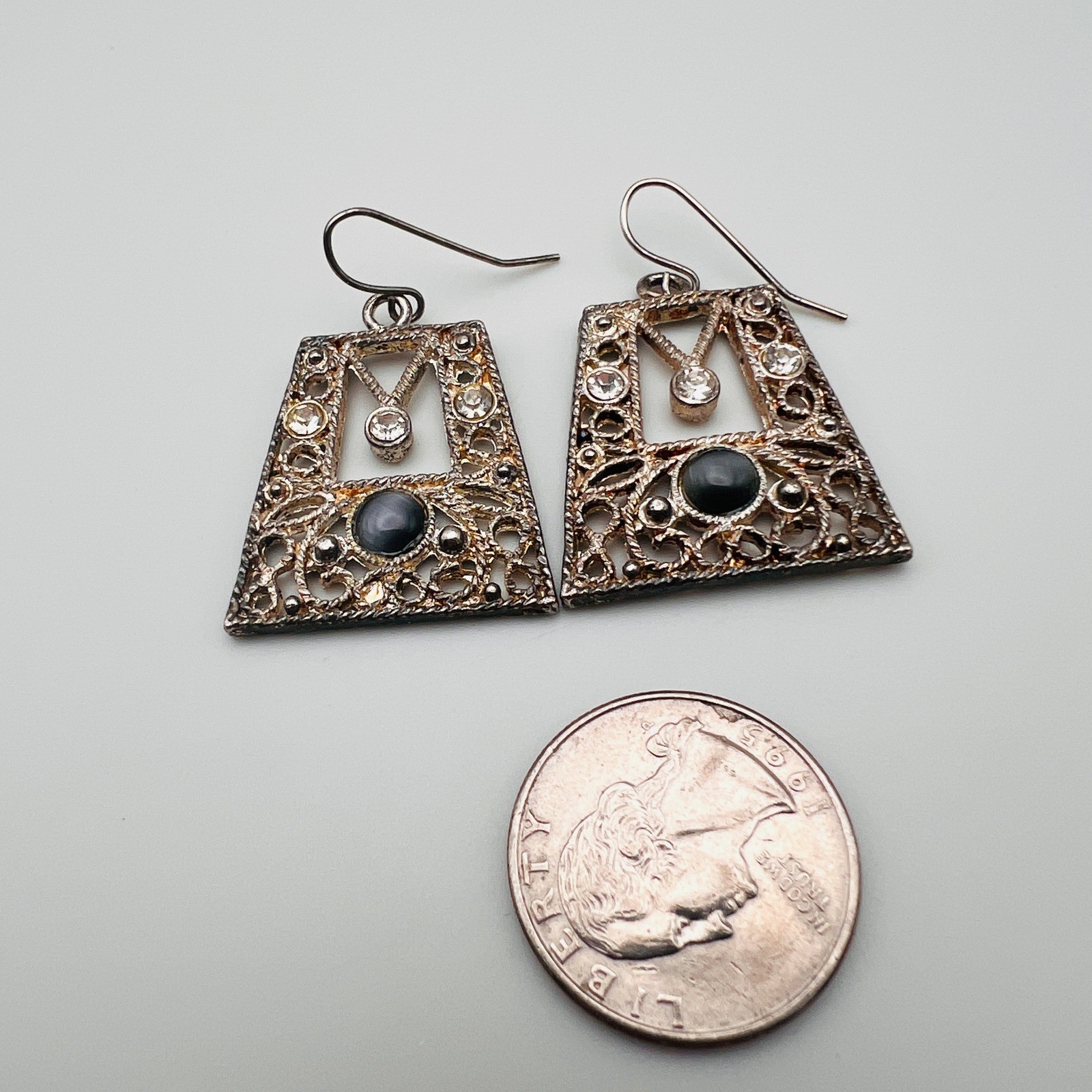 Vintage Filigree Trapezoid Earrings Black Stone Rhinestone Accent Dangle Drop