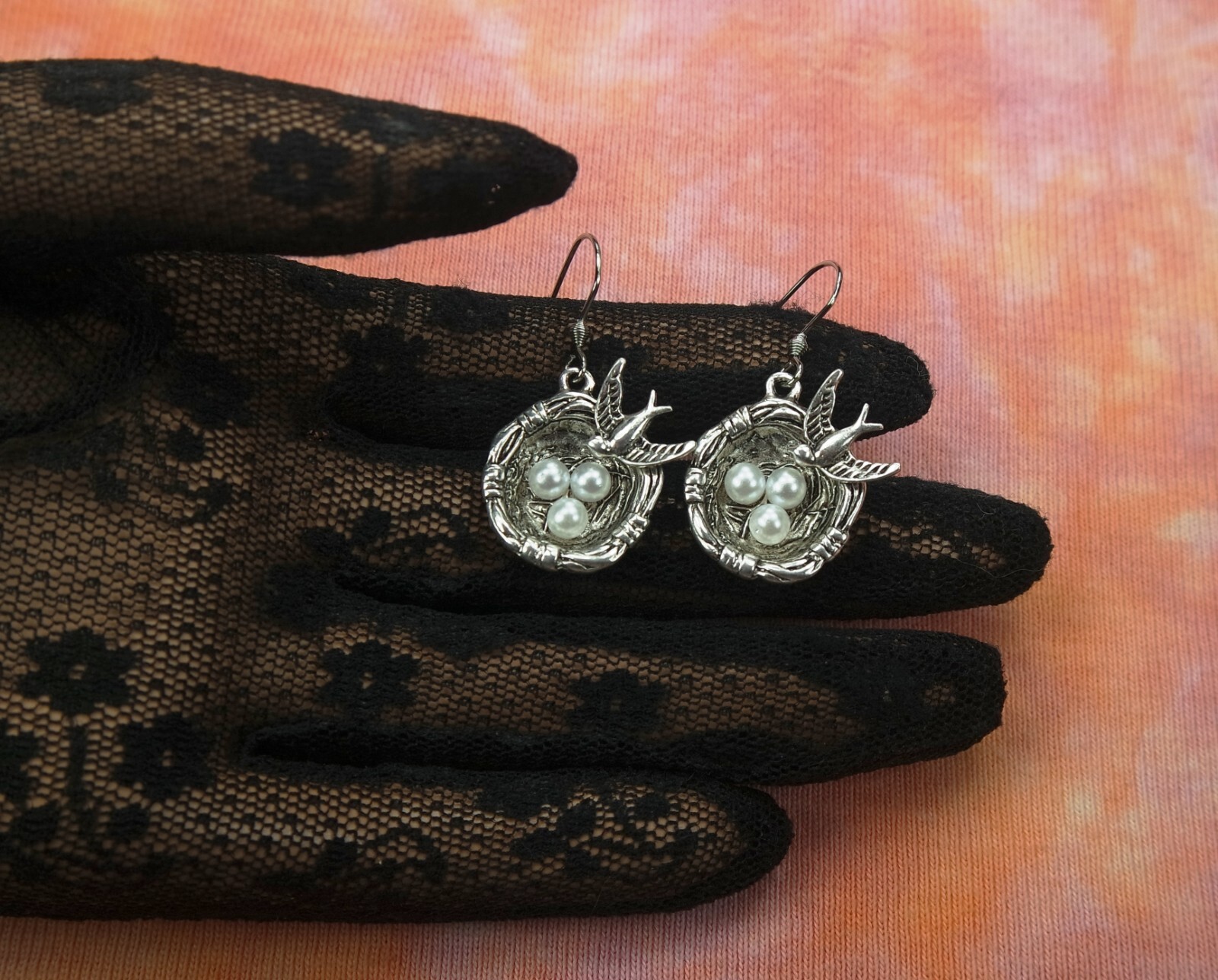 Bird’s Nest Necklace or Earrings, 3D Bird and Nest with Pearl Eggs Triplets Mom