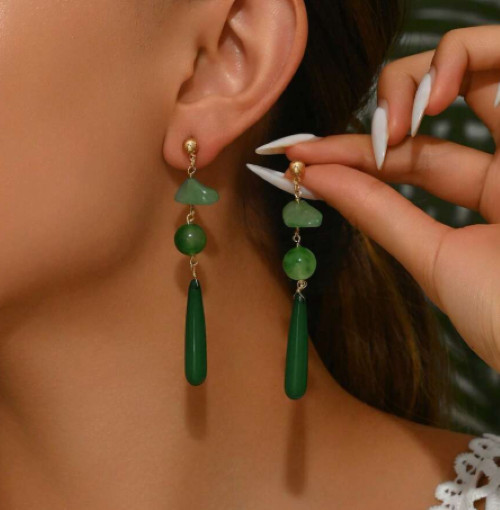 Long Green Stone and Glass Glass Earrings Natural Beads Drop Dangle Stud Earring