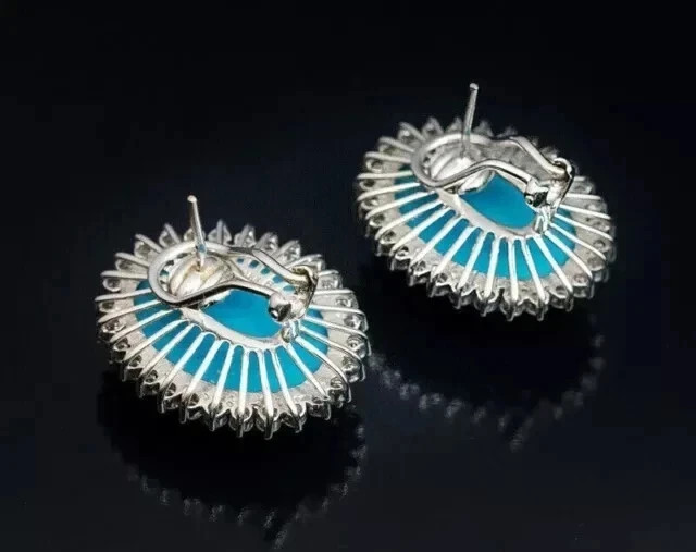 3 Ct Oval Cut Simulated Turquoise & Diamond Stud Earring 14k White Gold Finish