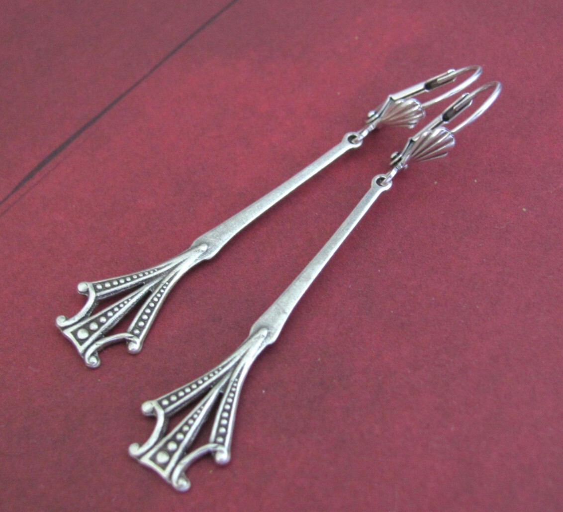 Art Deco Earrings Vintage Design Antiqued Silver Plate Victorian Cosplay Gift