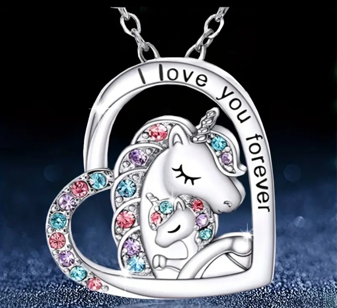 Lovely Heart Shaped Unicorn Pendant Necklace Mom Daughter I Love You Forever